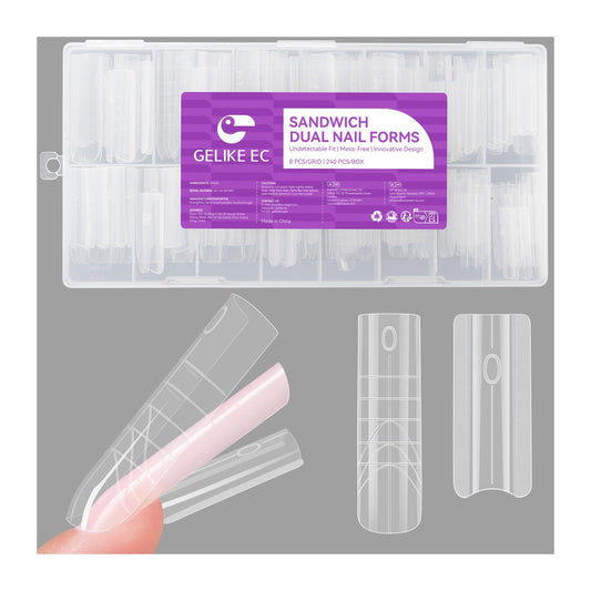 Gelike EC Sandwich Dual Forms for Polygel: Reusable Square Dual Form for Builder Gel & Acrylic Nails - 240pcs 15 Size with Guidelines to Create Short/Medium/Long Styles - C-Curve with Straight Sides