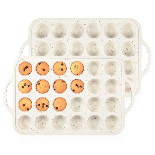 Mini Muffin Pan, Metal Reinforced Frame Mini Cupcake Pans 24 Cups Nonstick Muffin Silicone Molds with Handle for Baking Muffins, Cupcakes, Egg Bites 2 Pack