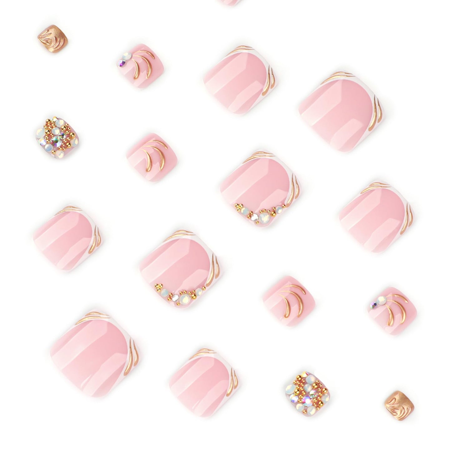 French Tips Press on Toenails Gold Bead Fake Toenails Pearl Toe Nails Press ons Short Square False Toenails Reusable Nude Full Cover Acrylic Stick on Toe Nails Summer Nail for Women Manicure Art 24pcs