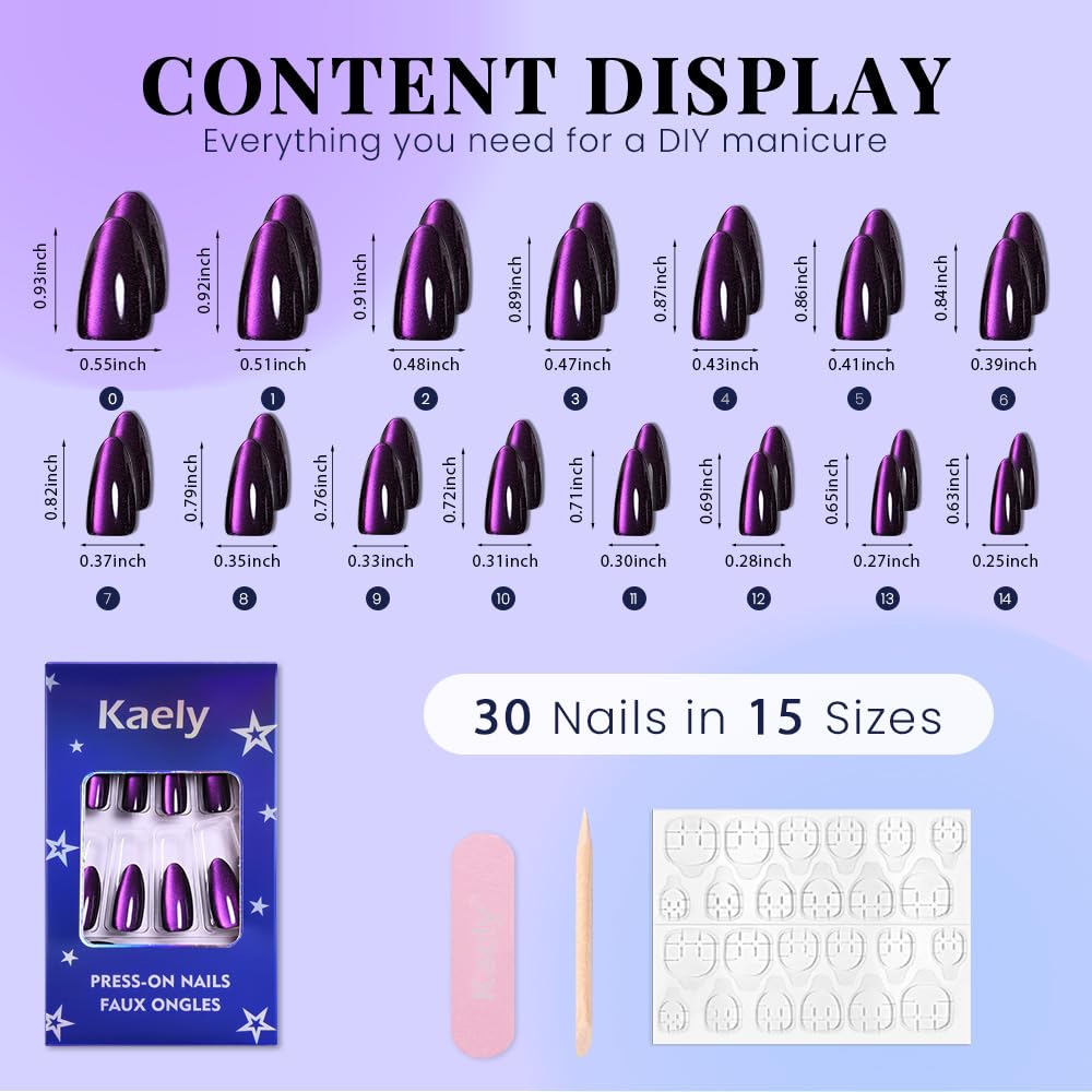 evpct Purple Cat Eye Chrome Press on Nails Almond Medium with Design, Purple Holographic Medium Almond Stick on Fake Nails for Women, Glossy Cat Eye Effect, Perfectly Fit Salon-quality Soft False Nail