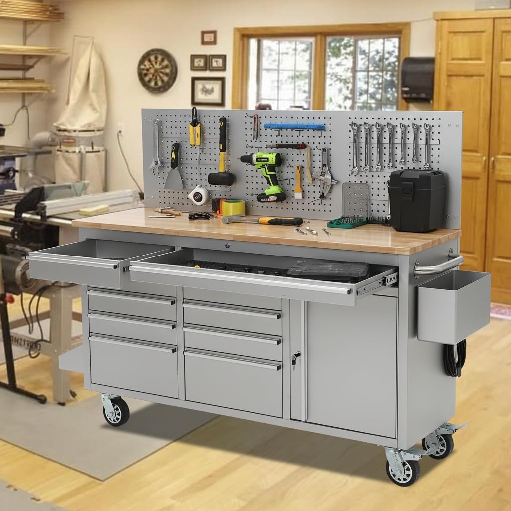61 Inch Rolling Tool Chest, 10 Drawer Garage Tool Cabinet with Solid Rubber Wood Top, Heavy Duty Mobile Workbench with Power Strip, Lockable Steel Storage Organizer for Workshop and Home, Silver