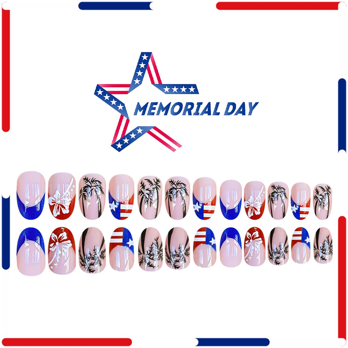 24Pcs Independence Day Nails French Tip Press on Nails Short Almond False Nails Coconut Tree Flower Glue on Nails Design 4th of July Fake Nails American Flag Patriotic Acrylic Nails for Women