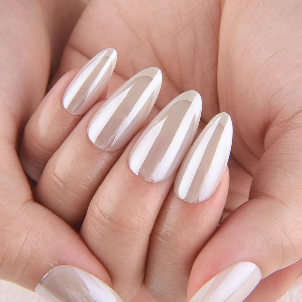 evpct Pearl White Glazed Press On Nails Short Almond, Beige French Tip Chrome Glazed Glossy Stick on Nail for Women Gift, Reusable Full Cover Soft Gel Press on Fake Nail with French Tip Design