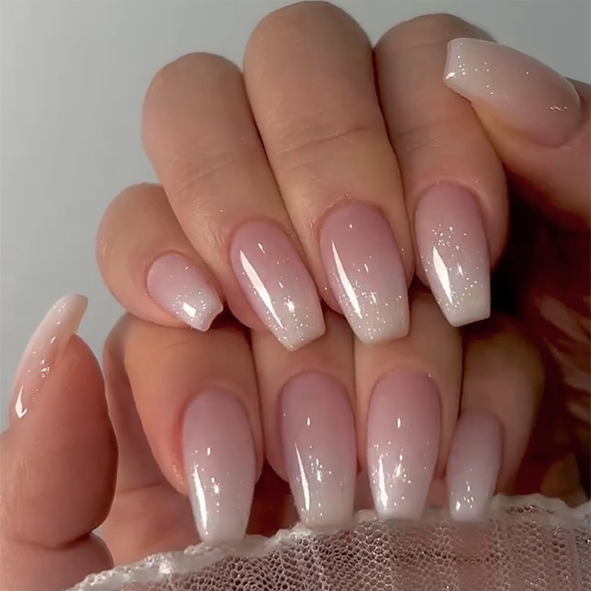 KQueenest Glitter French Press On Nails Medium Coffin Nails Press Ons Gloss, Shimmer Pink Fake Nails For Women, Luxury French Nails Acrylic Nails for Party Daily Wear, 24 Pcs