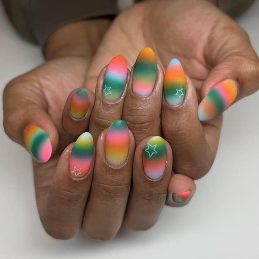 IMSOHOT Rainbow Press on Nails Short Oval Fake Nails Colorful Gradient Matte Acrylic Round False Nails Full Cover Glue on Nails for Women Girls Y2K DIY Nail Manicure 24Pcs