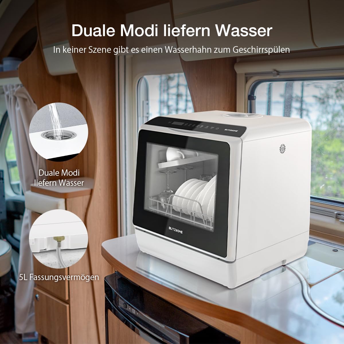 Portable Dishwasher Countertop, WIFI Smart Dishwasher, Compact Mini Dishwashers with 5L Built-in Water Tank, 6 Programs, 360° Dual Spray, High-Temp& Air-Dry Function, Fruit Cleaning