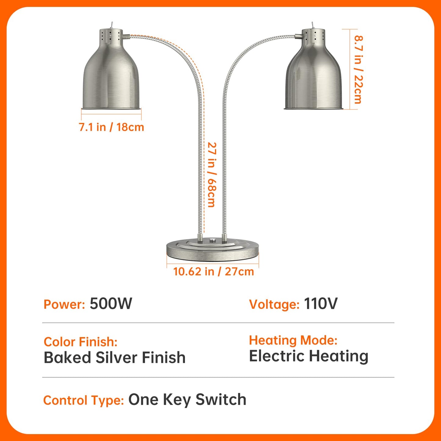 Food Heat Lamp, 500W Commercial Food Warmer Lamp, Rapid & Stable Heating 2-Head Electric Heat Lamp for Buffet, Parties, Catering, Restaurant, Kitchen, Home (Stainless Steel)