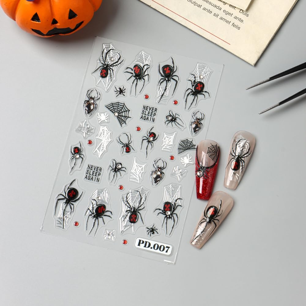 2Pcs Halloween Nail Stickers 5D Embossed Self Adhesive Day of The Dead Nail Decals with Cute Ghost Design Spider Web Pumpkin Nail Art Stickers Halloween Nail Supplies Nail Art Decoration for Women
