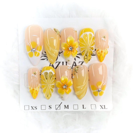 Azilaz Medium Almond Press On Nails, Yellow Floral Beach Design, Handmade 10-Piece Set (M)