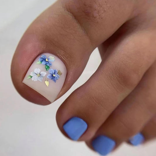 Vezocim Press on Toenails with Orchid Flower Designs, 24Pcs Blue Artificial Short Fake Toenails, Matte Full Cover Acrylic False Nails for Toe, Glue Toenails with Charm for Women Girls
