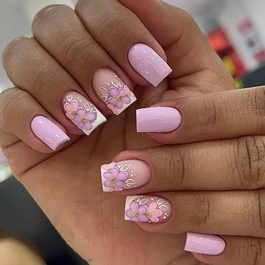 CTTHNBD Press on Nails - Medium Square Fake Nails with Floral Design - Purple Full Cover Stick on False Nails - for Women 24 Pcs