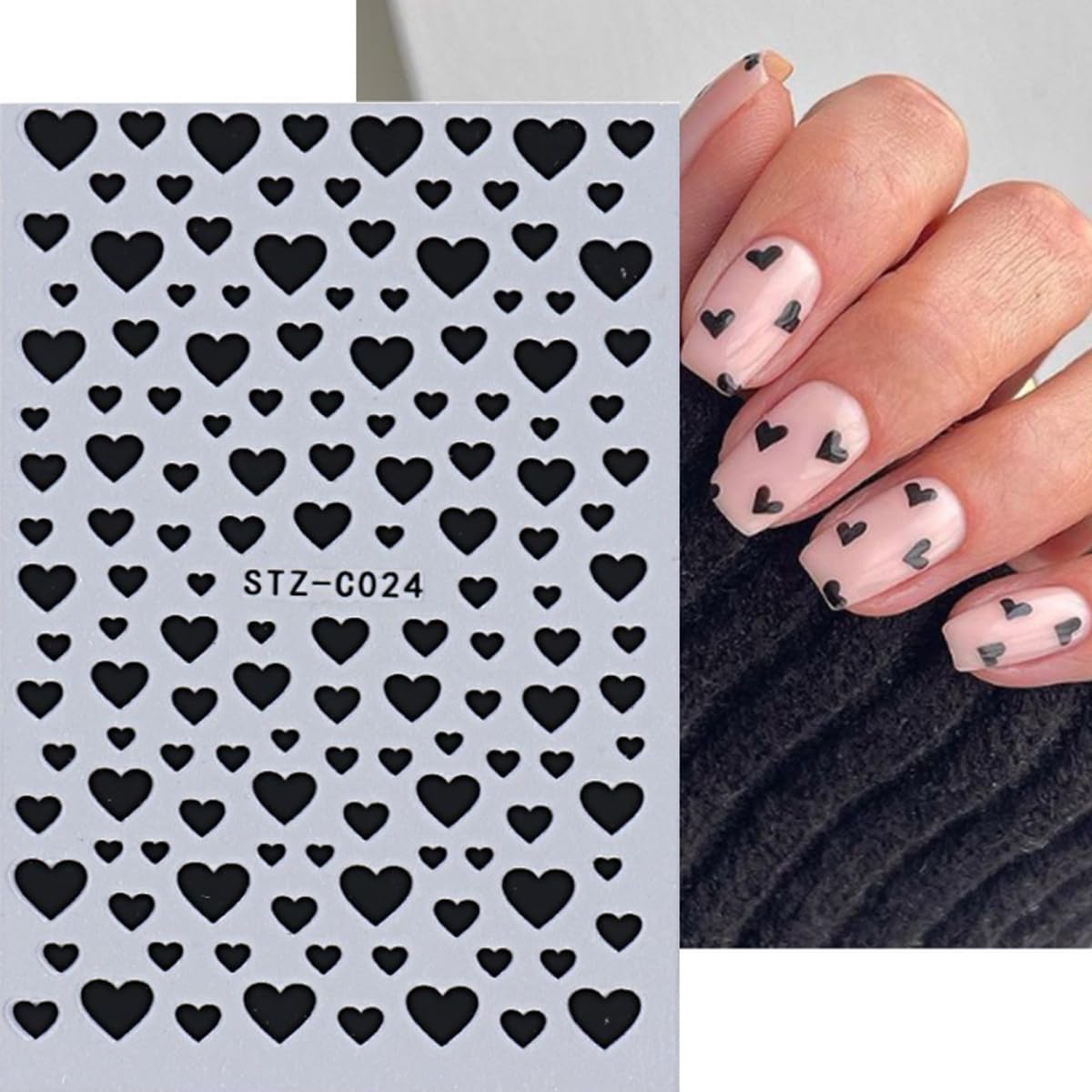 Heart Nail Stickers -Valentine's Day Nail Art Supplies Heart Nail Decals for Women - 3D Self Adhesive Heart Nail Art Sticker - Heart Love Black Red White Nail Designs DIY Valentine Manicure Decor 6PCS