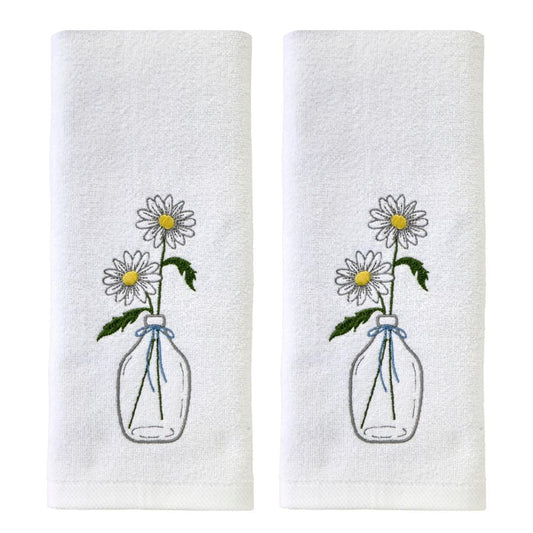 SKL Home Daisies in Vase 100% Cotton Embroidered 2pc Hand Towel Set, Decorative for Bath/Kitchen/Bar & Gift, Optic White