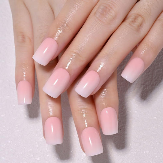 XZMeiLun Pink White Ombre Press on Nails, Short Square Acrylic Fake Nails Design, Natural Reusable Nails Kit for Women DIY False Nail Art Decoration Gift, Salon Quality Reusable 15/30 Pcs