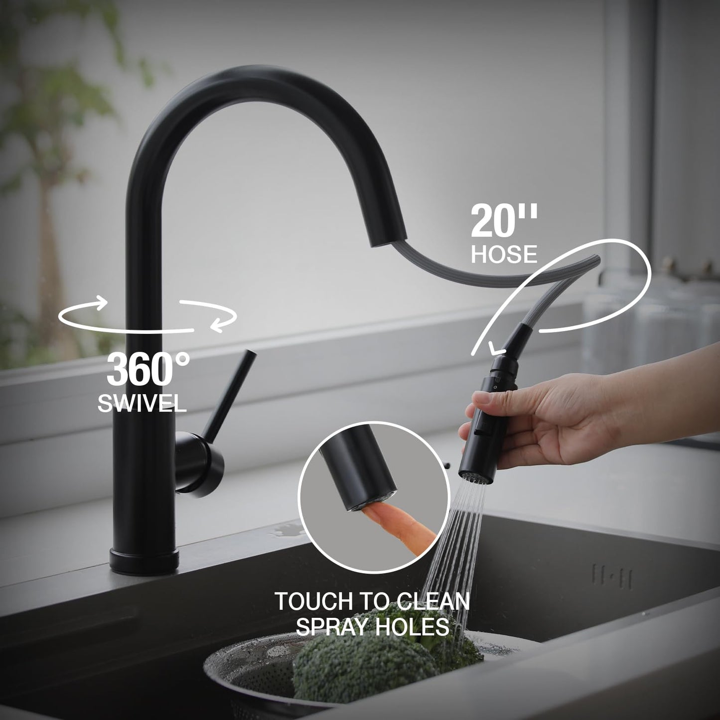 Lava Odoro Matte Black Kitchen Faucet with Pull Down Sprayer, Modern Kitchen Sink Faucet Single Hole Black Faucet for Kitchen Sink with 2-Function Spray Head, Deck Plate Included, KF1120-MB