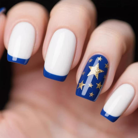 4th of July Press on Nails French Tip Medium Square Independence Day Fake Nails Gold Star Patriotic False Nails Reusable Artificial Nail Full Cover Glossy Stick on Nail for Women Manicure 24Pcs