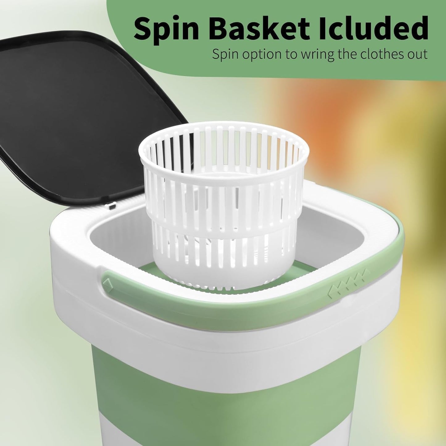 Portable Washing Machine, 16L Upgraded with Spin Basket Laundry Machine, 3 Modes Deep Cleaning, Upgraded Small Collapsible Laundry for Hotel, Apartment, Home and Travel - Green
