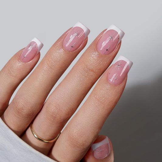 BTArtbox French Tip Press On Nails - Pink Short Press On Nails with Stars, Soft Gel Glue On Nails with Nail Glue in 16 Sizes, 32 Stick on Nails Kit, Starlit Sparkle