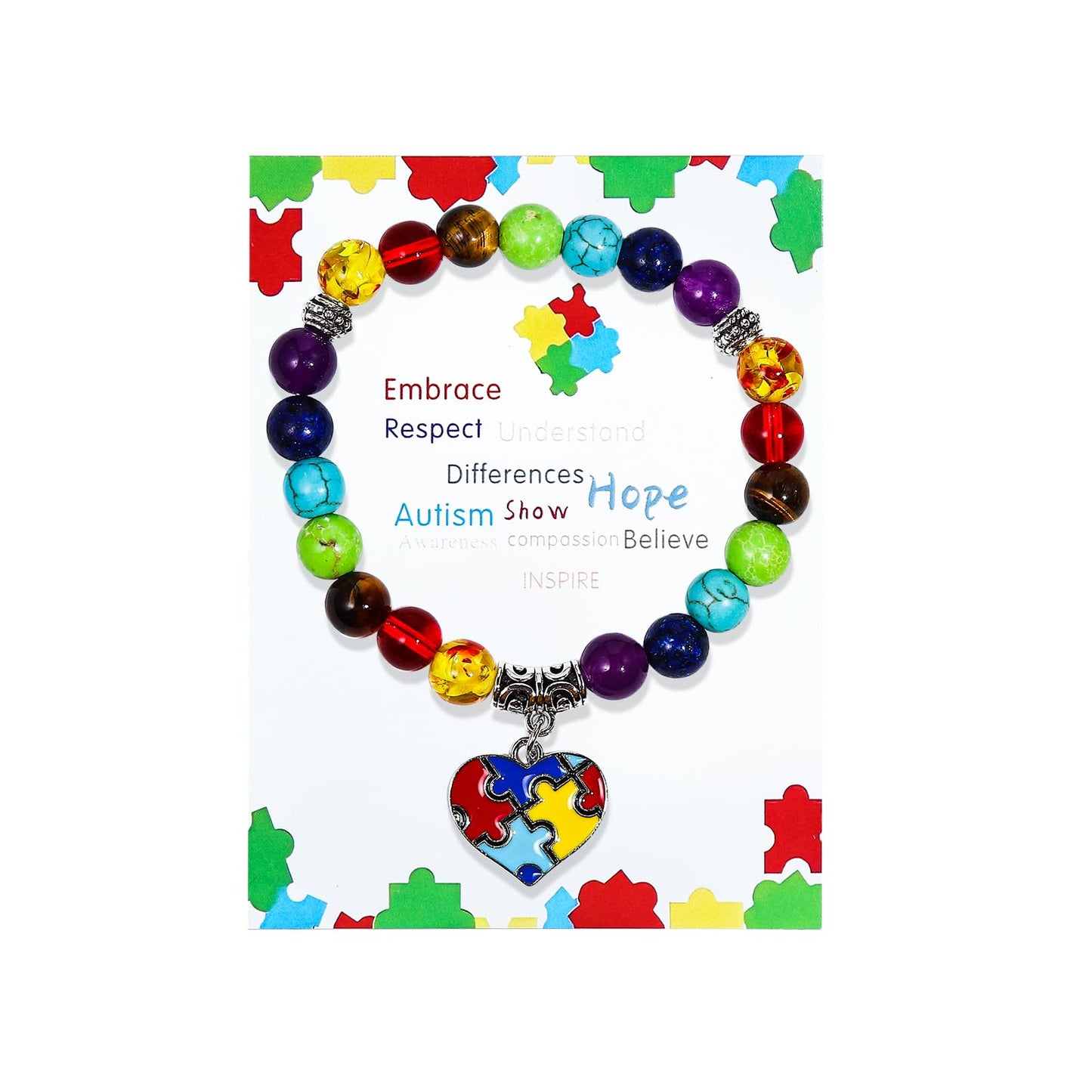 ChungLong0593 Autism Awareness Bracelet - 7 Chakra Gemstone Natural Stone Beaded Bracelet - Colorful Puzzle Cross Love Round Pendant - Autism Gift - Love
