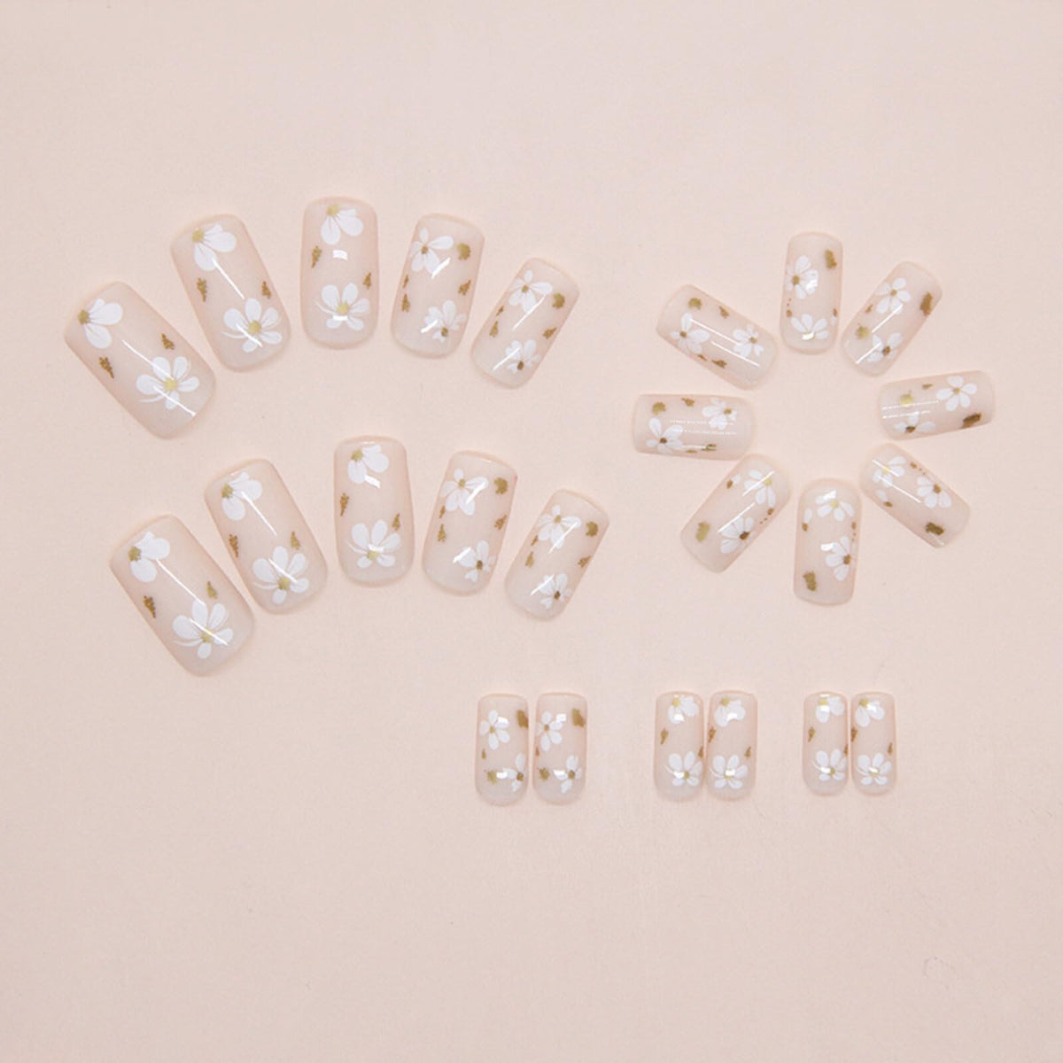 Floral Medium Square Press on Nails Nude Base White Floral Accents Gold Foil Details Glossy Finish Reusable Spring Nails Easy Apply Fashion Party Wear Durable Trendy Women Girls Nail Art 24 Pcs