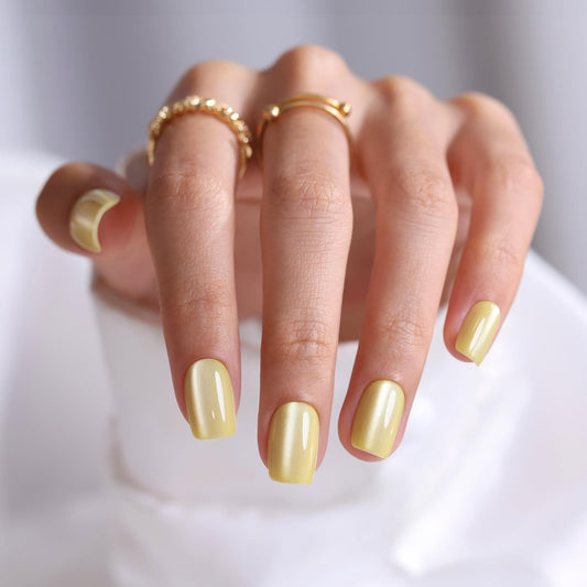 Pastel Yellow Press on Nails Short - SHANGMENG Soft Gel Spring Cat Eye Press on Nails Square for Women Gift, Glossy Glue on Nails in 16 Sizes - 32 Reusable Fake Nails Kit with Glue, Butter Cream