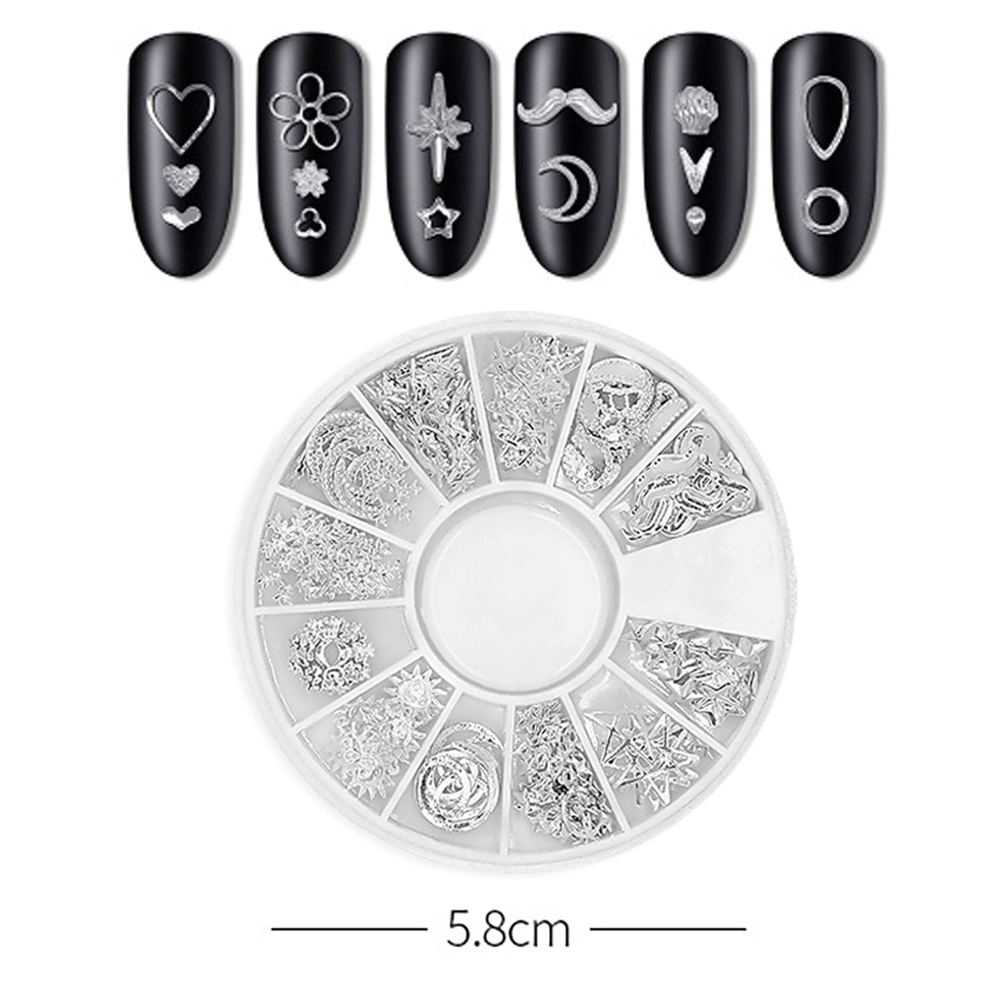 DANNEASY 3D Nail Charms Nail Jewels Silver Nail Art Charms Charms for Nails Metal Nail Studs Nail Jewelry for Acrylic Nails DIY Craft Nail Decoration (6 Boxes)