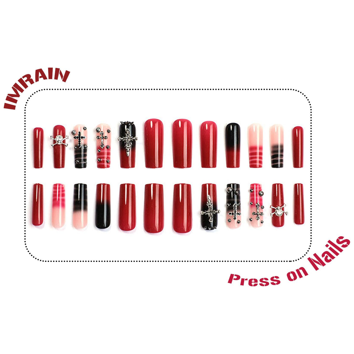 IMRAIN Long Press on Nails Square Red Black Gradient Fake Nails Punk Cross & Rivets Glue on Nails Full Cover Acrylic Stick on False Nails Goth Squoval Nail Manicure for Women Girls