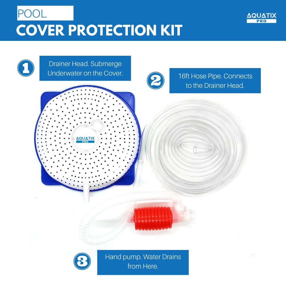 Pool Cover Drainer Kit for Above Ground Swimming Pools by Aquatix Pro, Premium Pool Cover Siphon with 16 Feet Hose & Pump, Suitable for All Coverings, Quick and Easy Water Drainage, 1 Year Warranty!