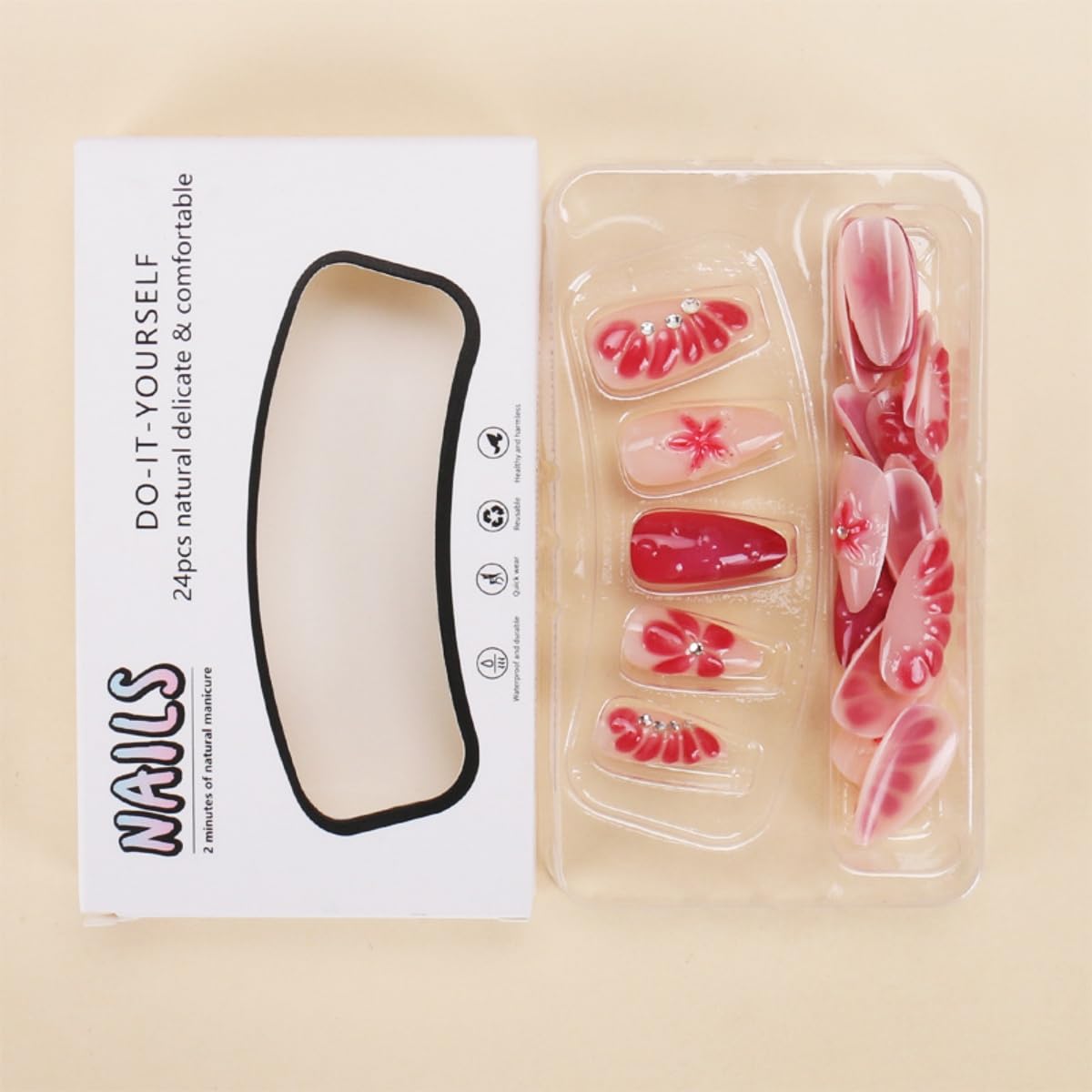 3D Flower Press on Nails Medium Almond Fake Nails with Rhinestones Design Stick on Nails Floral False Nails Artificial Full Cover Acrylic Glue on Nail for Women Nail Art Decoration 24Pcs