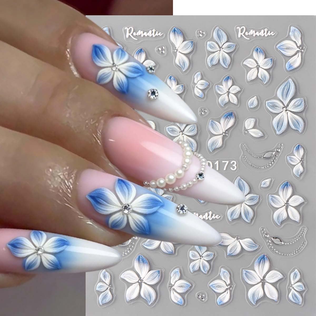 3 Sheets Flower Nail Stickers Cherry Lily Nail Decals 5D Self-Adhesive White Blue Pink Gradient Floral Nail Art Stickers Spring Summer Nail Decoration for Women DIY Manicure Supplies