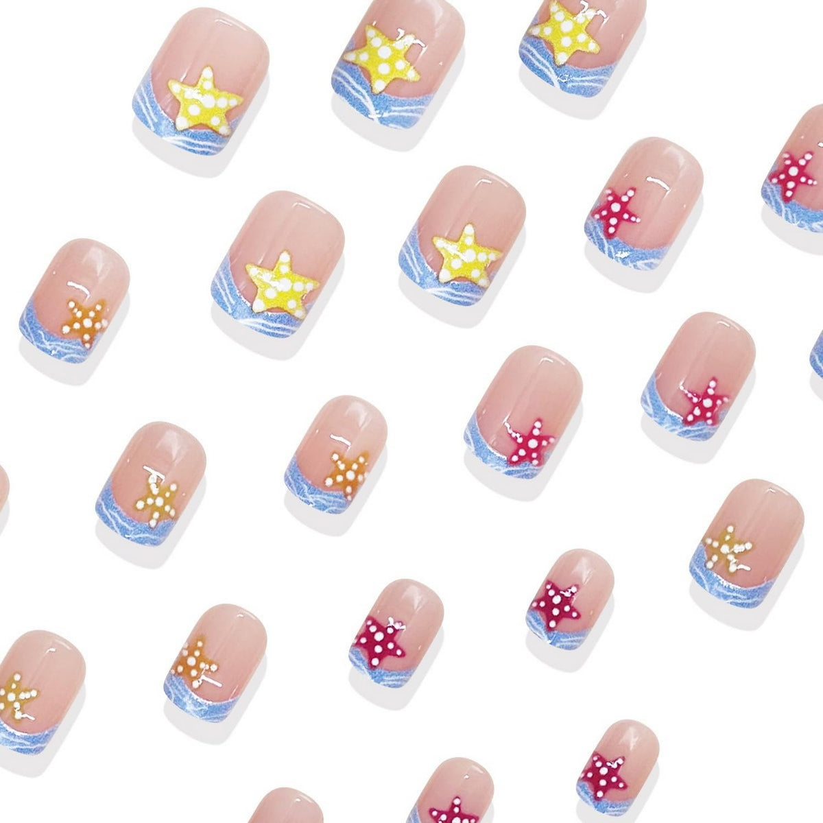 Summer Press on Nails Waves French Tip Fake Nail Beach Nails Press ons with Starfish Design Short Square Stick on Nail Glossy Acrylic Nails for Women DIY Manicure Decor 24 Pcs
