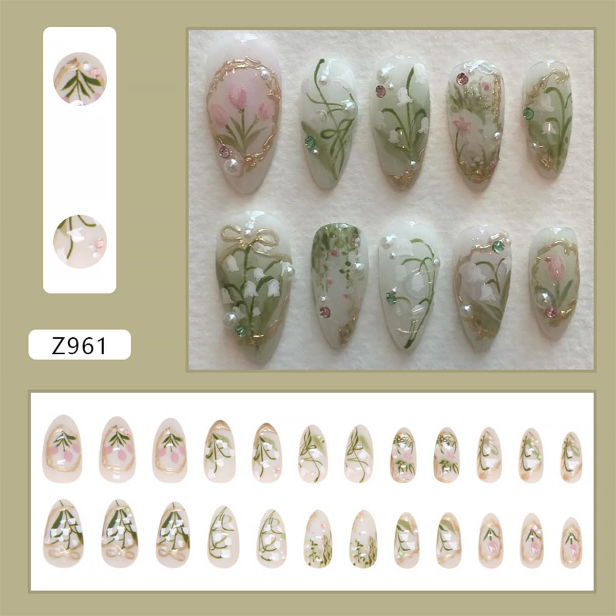 24Pcs Green Press on Nails Medium Almond Fake Nails 3D Pearl Rhinestones Design Gold French Tips Flower Acrylic Nails Glue on Nails Spring False Nails White Floral Full Cover for Women Manicure Salon