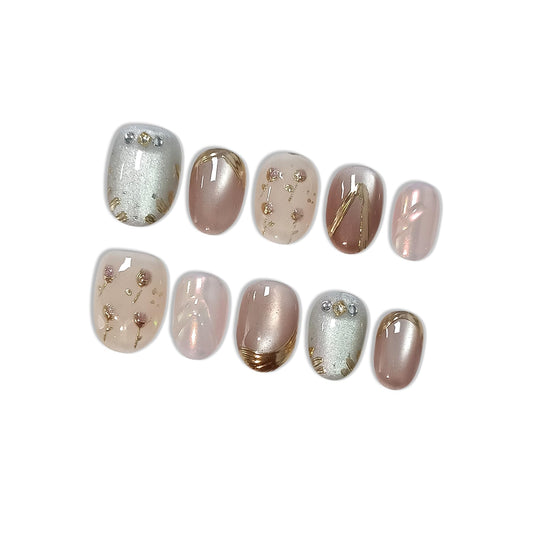 Hantyer Soft Glam Pink Cat Eye Press on Nails with Hand-Painted Tulips, Rhinestones & Gold Lines - Short Oval Glossy Fake Nails, Reusable Elegant False Nails for Women Fall Winter Party Date, Size M