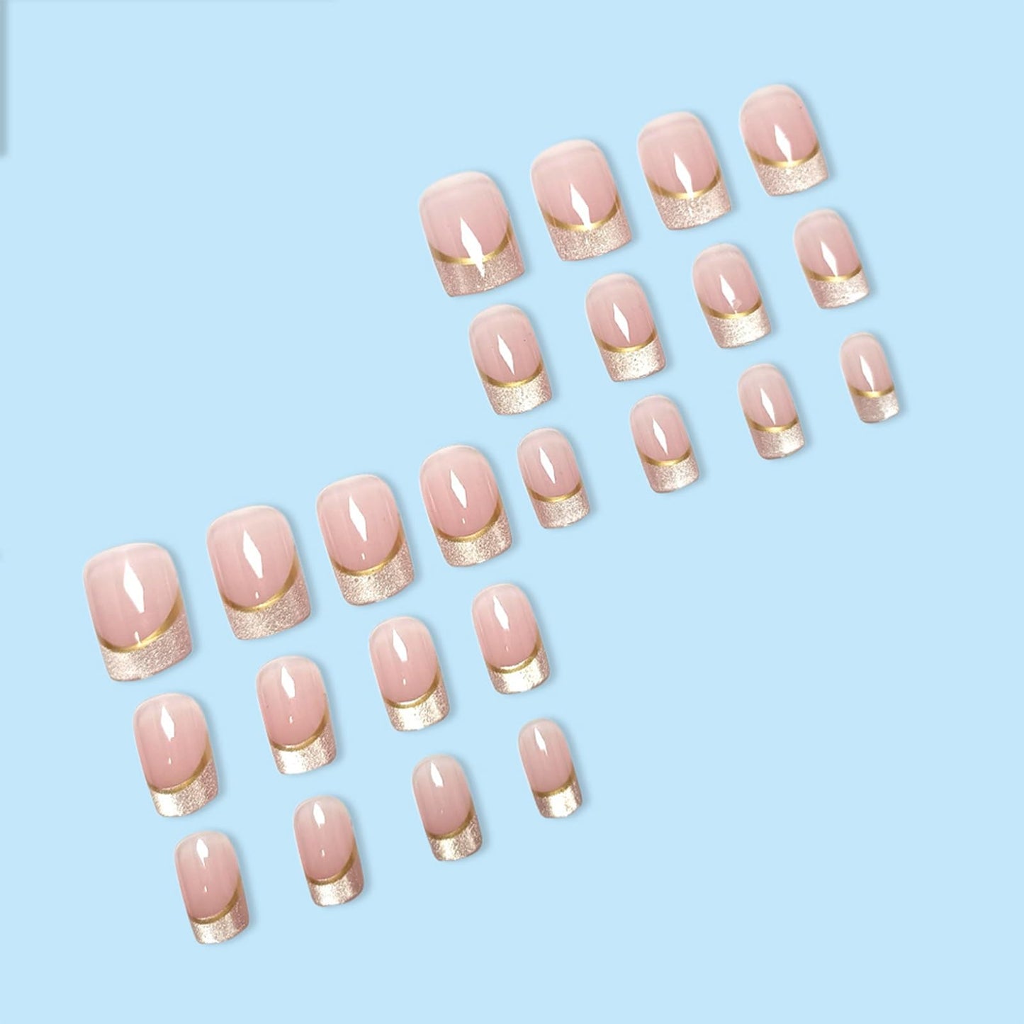 IMSOHOT Cat's Eye French Tip Press on Nails Short Square Fake Nails with Gold Edge Designs Nude Glossy Acrylic False Nails Full Cover Squoval Glue on Nails for Women Girls Manicure DIY Nail
