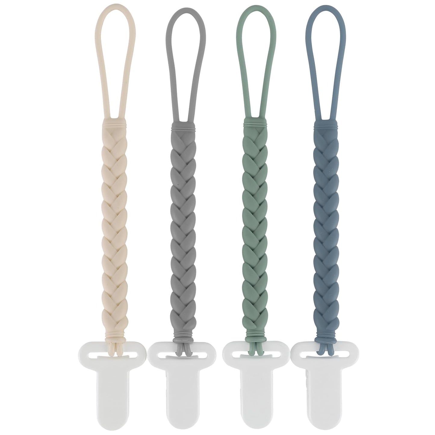 4-Pack Silicone Pacifier Clips with One-Piece Beads for Baby Boys and Girls - Flexible and Rust-Free Holders for Teething Relief and Baby Essentials, Safe for Newborns (Grey)