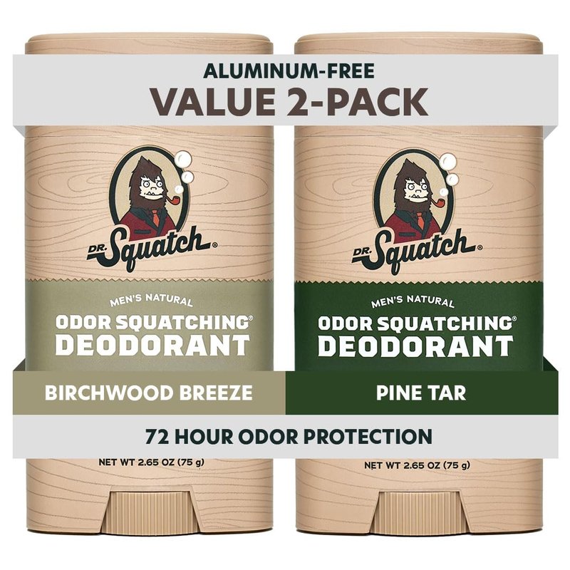 Dr. Squatch Natural Men’s Deodorant – Aluminum Free Natural Deodorant Men with Charcoal & Postbiotics for 72-Hour Odor Protection – Pine Tar + Birchwood Breeze, 2.65oz Stick (2-Pack)