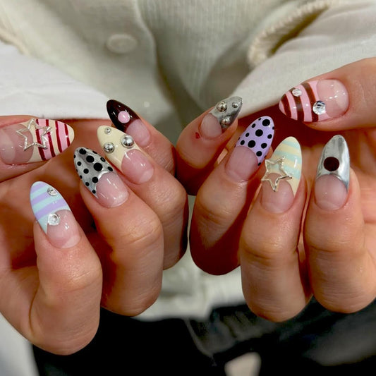 plalely Almond Press on Nails Medium Colorful Fake Nail Polka Dot with Silver Star Design Acrylic Nail Press ons Y2K Stick on Nail for Women 24pcs