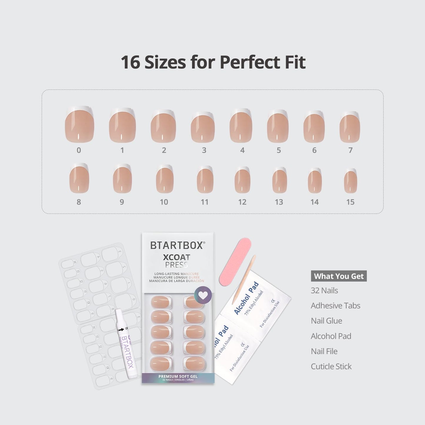 BTArtbox French Tip Press on Nails - Gel Press on Nails Short, No Fade Out Fake Nails with Nail Glue, Seamless Fit Glue on Nails in 16 Sizes Nail Kit for Wedding, Classic White