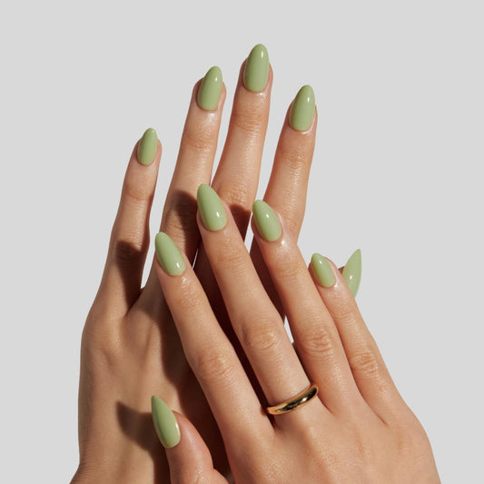 LAMIMOSA 32Pcs Sage Green Press On Nails Short Almond – Soft Gel Solid Color Fake Nails in 16 Sizes, Solid Green Glue on Nail kit, Sping Summer False Nails Stick On Nails, SAGE