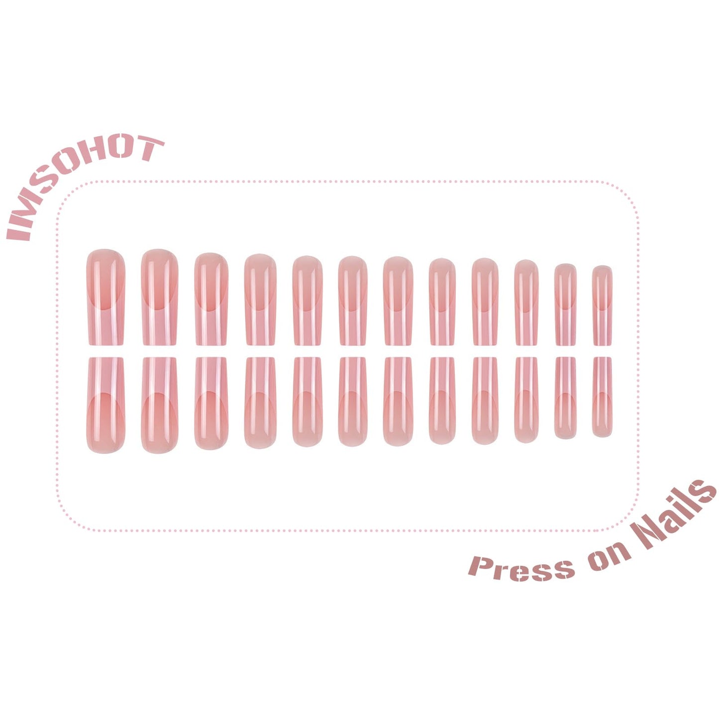 IMSOHOT Pink French Tip Press on Nails Long Square Fake Nails Nude Glossy Gel Glue on Nails Full Cover Acrylic False Nails for Women 24Pcs