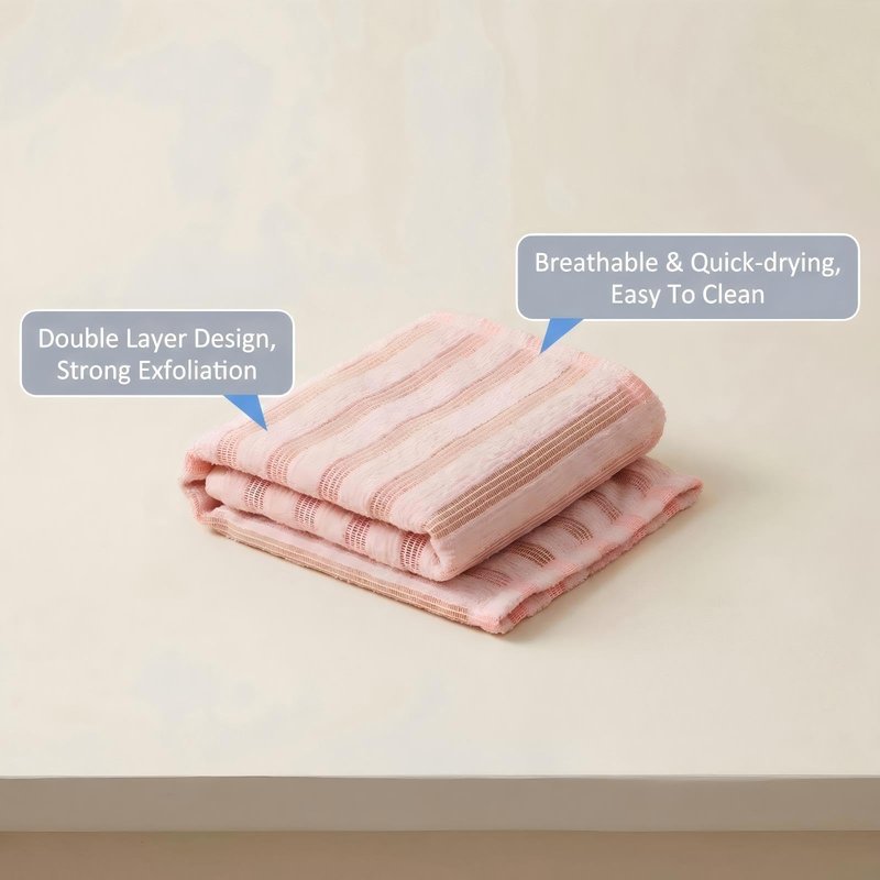Kopdisp Cotton-Blend Exfoliating Shower Towel, 39 x 10 in Japanese/Korean-Style Back Scrubber for Shower, Dual-Sided Body Scrubber Washcloth, Quick-Dry Bath Towel for Men and Women (Pink)
