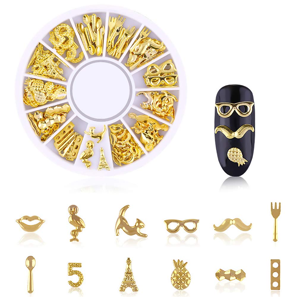 WOKOTO 6 Boxes Gold Hollow Nail Metal Studs Modern Cross Geometry Nail Art Charm 3D Nail Jewelry Decoration With 1Pc Tweezers And Picker Pencil