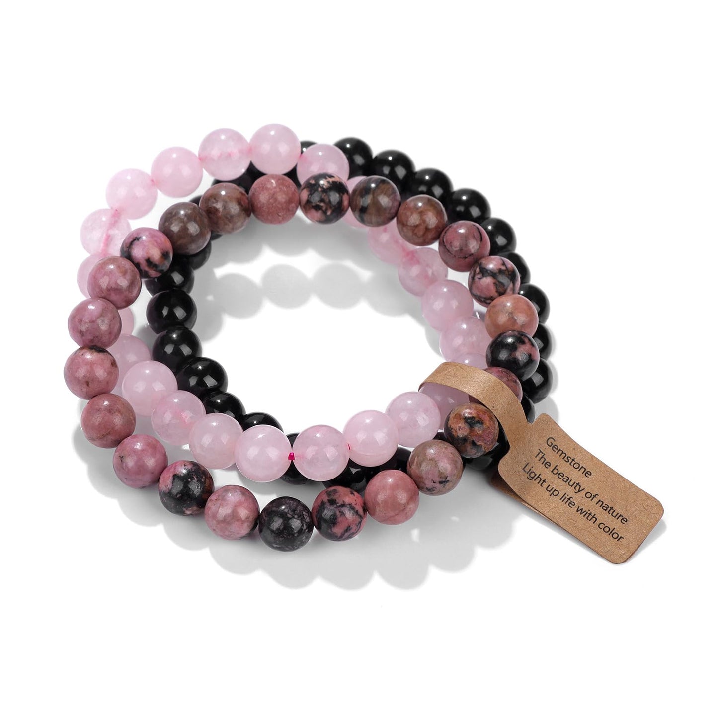 Risyfjew 3 PCS Women Healing Crystal Bracelets 8mm Natural Stone Beaded Stretch Bracelet Rose Quartz Rhodonite Jewelry Gifts