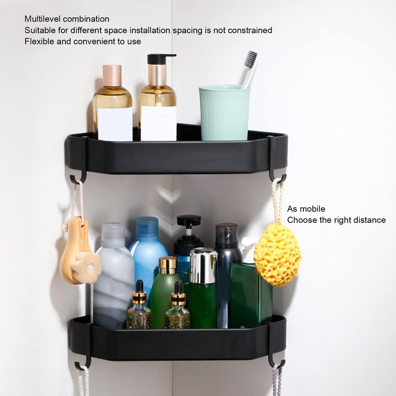 Topyond Shower Caddy, Aluminium Alloy Black Corner Shower Shelves, Durable Bathroom Organizer for Toilet Kitchen Dorm with 2 Hooks, Bath Decor