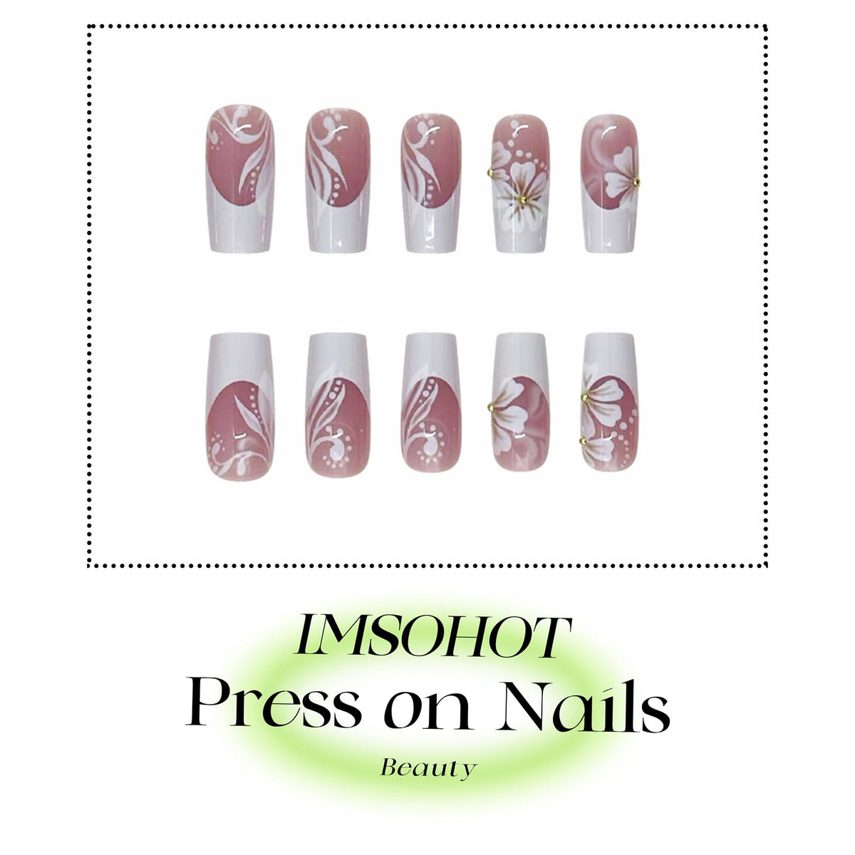IMSOHOT Press on Nails Long Square Fake Nails White French Tip Glue on Nails with Flower Designs Full Cover Acrylic False Nails for Women Nail Decorations
