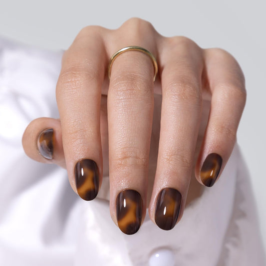 Tortoise Shell Press on Nails Short - SHANGMENG Soft Gel Oval Press on Nails for Women, Seamless Fit & Glossy Glue on Nails 16 Sizes - 32 Reusable Fake Nails Kit with Glue, Amber Memory