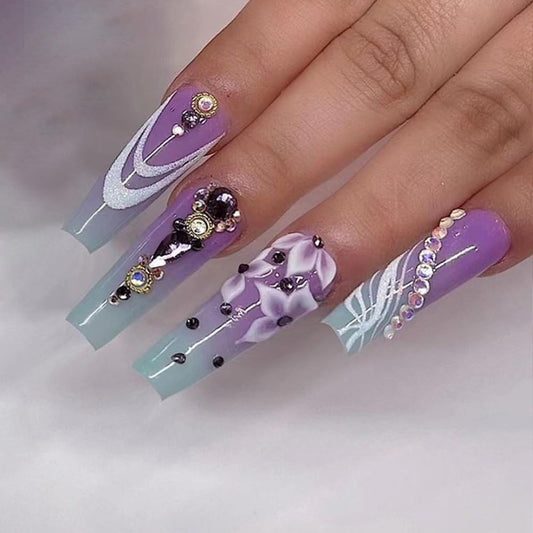 CTTHNBD Press-On Coffin Purple Ombre False Nails with Flower Design - Glue-On Ballerina Acrylic Rhinestone Full Cover Stick-On Artificial Nails - 24Pcs