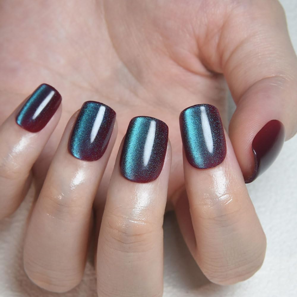 evpct Mauve Teal Cat Eye Chrome Press on Nails Short Square No Glue, Holographic Short Square Stick on Nails for Women, Holographic Glossy Fake Nail Reusable, Soft Press on Acrylic Nail with Designs