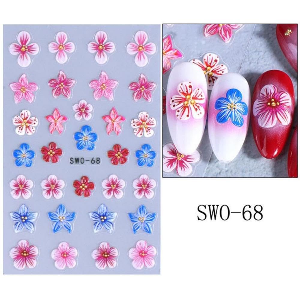 Flower Nail Stickers 5D Embossed Pearl Ocean Nail Decals 3D Self-Adhesive Summer Nail Art Stickers Coral Nail Designs Butterfly Beach Nail Art Decoration for Women Girls DIY 4 Sheets