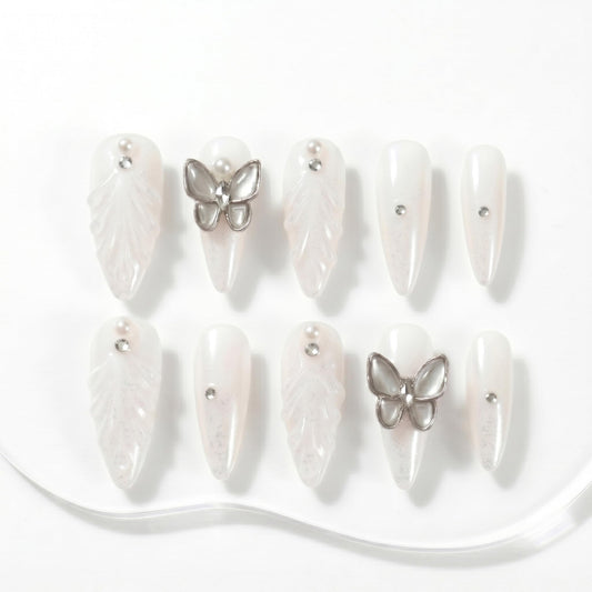 Sun&Beam Nails Handmade Press On Nails Long Stiletto Silver Glitter Butterfly Pearl Shimmer 10 Pieces for Everyday Wear and Special Occasions (#020 XS)